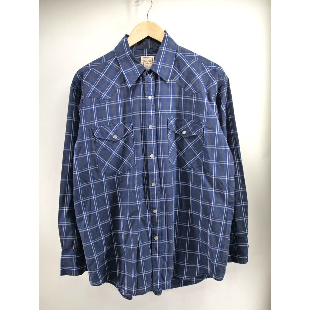Pearl Snap Plaid Shirt Mens L Long Sleeve Blue Cowboy‎ Western Plains Trading Co